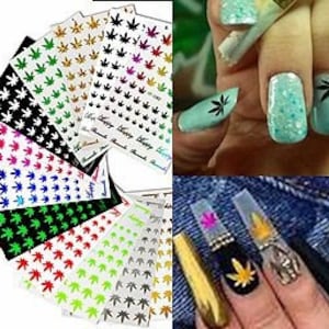 May include: Assortment of nail stickers featuring a marijuana leaf design in various colors, including black, gold, silver, green, red, blue, and purple. The stickers are shown on a white background.