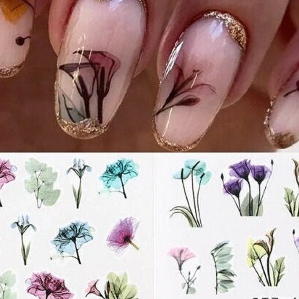 Watercolor Transparent Flowers Water Nail Art Decals Stickers Transfers Pastel Roses Tulips Fern Water Transfer Nails STZSeries