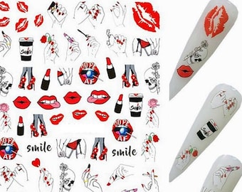 Valentine Lips Nail Art Stickers Makeup Hearts Valentine Red Heart Beauty Accessories Cat Love
