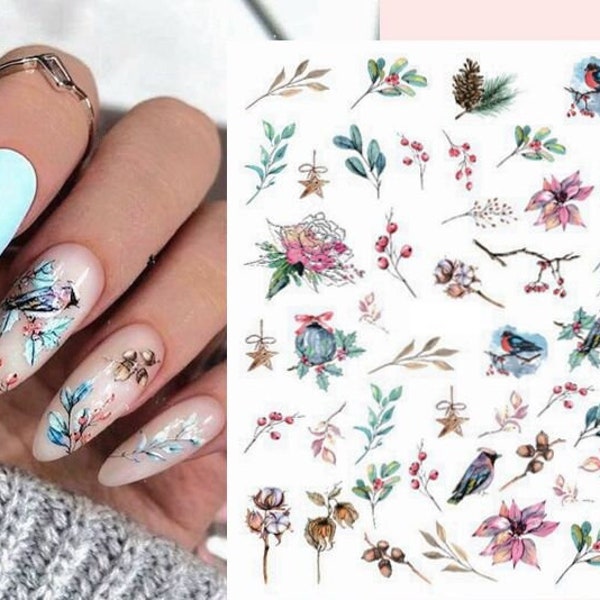 Cardinal Christmas Bird Robin Nail Art Stickers Hummingbird Birds Winter Bird Holly Berry Cotton Flowers Self-Adhesive Nail Art HYSeries