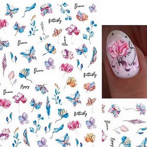 Pastel Blue Pink Flower Nail Art Stickers Rose Camellia Leaves Butterfly Summer Spring Flowers Self-Adhesive Nail Art HANYISeries