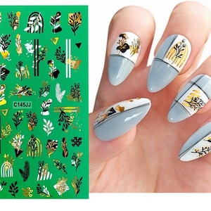 Gold Leaf White Geometric Nail Art Stickers White Spring Flowers Black Vintage Blooms Leaves Bird Bee Self Adhesive Nail Art Decals CSeries