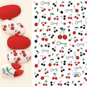 May include: Nail art stickers with a white background and red cherries with green stems and leaves. The text "Cherry" is repeated throughout the sheet.