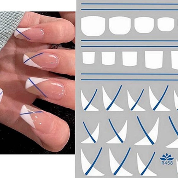 Triangular French Tips Nail Art Stickers White French Tips Blue Lines V French Nails Self Adhesive Nail Art Decals SSeries