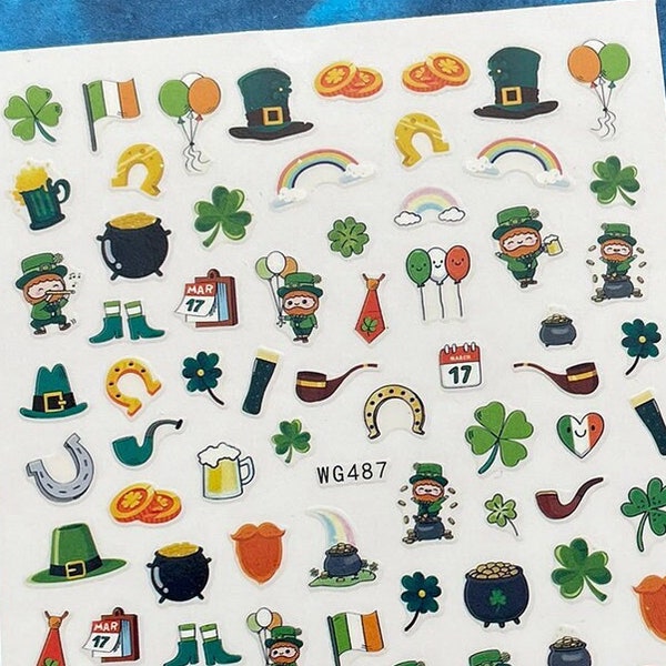 St. Patrick's Day Elements Clover Shamrock Nail Art Stickers Decals Irish Culture Hat Beer Money Pot March 17 Self Adhesive Nail