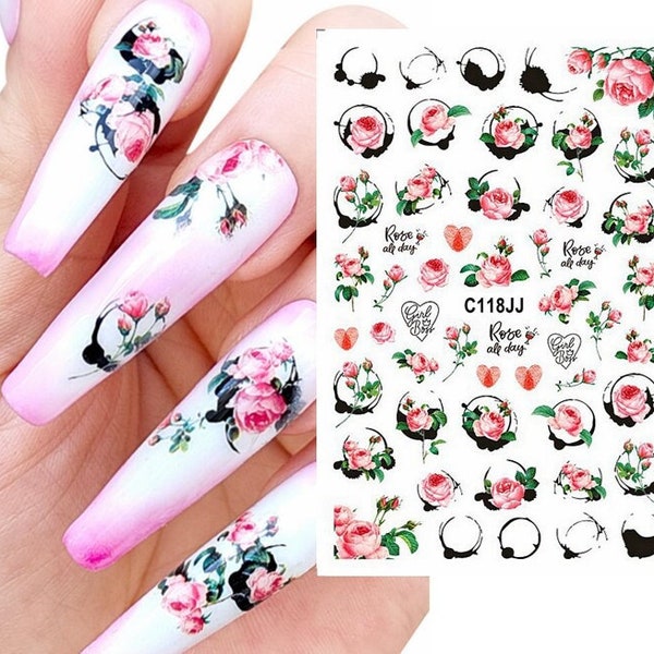 Pink Baby Rose Nail Art Stickers Valentine Red Rose Pink Flower Gift for Mother Day Gifts Self Adhesive Nail Art Decals CSeries