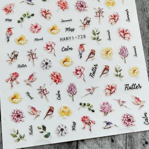 Summer Flowers Birds Nail Art Stickers Green Leaf Yellower Floral Red Pink Self-Adhesive Nails HANYISeries
