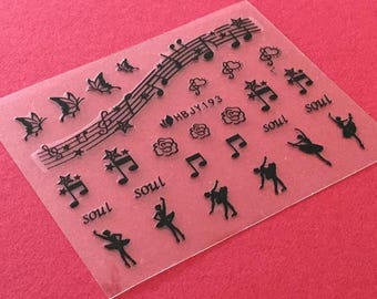Adesivi per nail art con ballerina e note musicali: Ragazza danzante Anima Nero Bianco Oro Argento