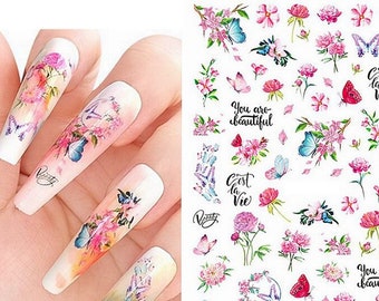 Flower Butterfly Nail Art Stickers Spring Summer Floral Flowers Butterflies Self Adhesive Nail Art Decals XFSeries