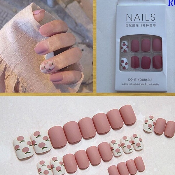Pastel Cherry Pink Peachy Press-On Fake Nails Daisy Flower Black Cow Print Natural Short Nail Manicure 24 French Blue Full Cover RSeries