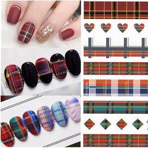 Christmas Plaid Print Nail Art Stickers: Fabric Texture Patches Number Neon Letters