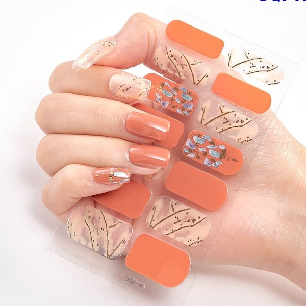 Pumpkin Orange Polka Dots Abstract Figure Nail Wraps Silver Foil Gold Nail Art Decals Full Cover 14 Pcs Self Adhesive Nails DQ3Series