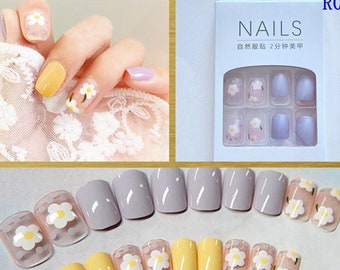 White Flower Daisy Press-On Fake Nails Manicure Peach Pink Cherry French Blue Cow Print Natural Short 24 Pcs Nails Full Cover RSeries