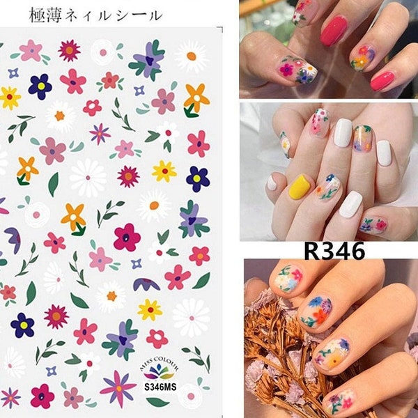 Vintage Flowers Watercolor Nail Stickers Abstract Daisy Transparent Purple Flower Self Adhesive Nail Art Decals SSeries