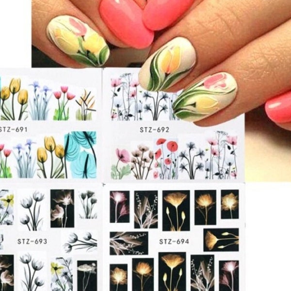 Tulip Flowers Watercolor Pastel Water Nail Art Water Decals Stickers Transfers Spring Summer Flower Fern Water Transfer Nails STZSeries