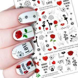 Valentine Love Rose Lips Nail Art Stickers Red Hearts Rose Flowers Self-Adhesive Nail Art Decals FSeries