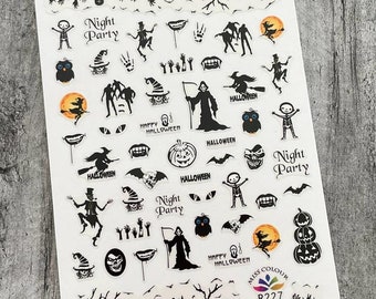 Grim Reaper Halloween Nail Art Stickers Decals Jack Witch Skeleton Vampire Ghost Bat Spider O' Lantern Self Adhesive Nail Art Decals SSeries