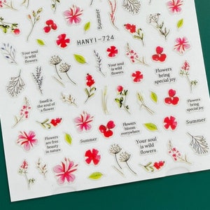 Summer Red Flowers Nail Art Stickers Green Leaf Black Branches Self-Adhesive Nails HANYISeries