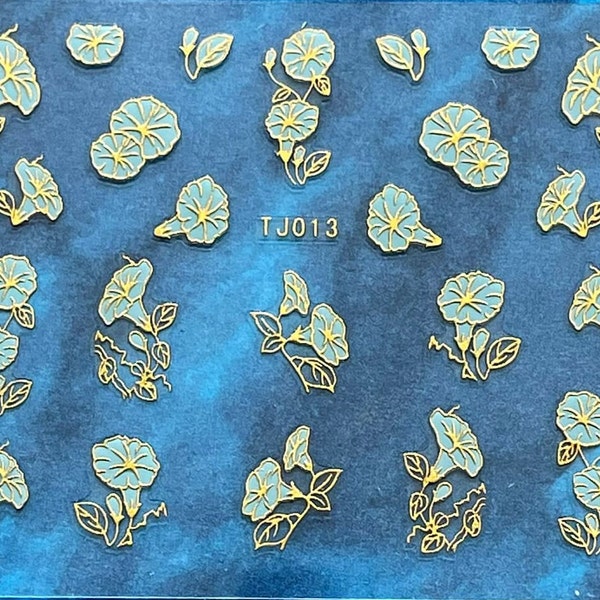 Blue Morning Glory Flower Nail Art Stickers Decals Gold Outline Flowers White Floral Self-Adhesive Nails TJSeries