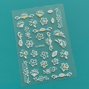 5D Geprägte Blumen Nail Art Aufkleber Aufkleber Gänseblümchen Weiße Blumen Selbstklebende Nail Art Decals XFSeries