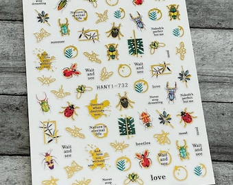 Beetles Gold Foil Nail Art Stickers: Ladybug Red Bug Fly Butterfly Bee