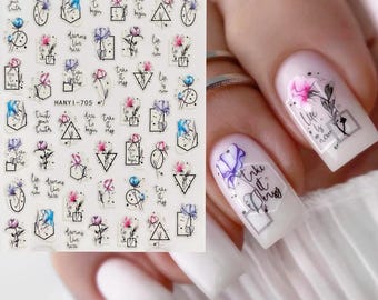 Tulip Lotus Nail Art Stickers: Geometric Shape Purple Blue Floral Carnation Peony Lily