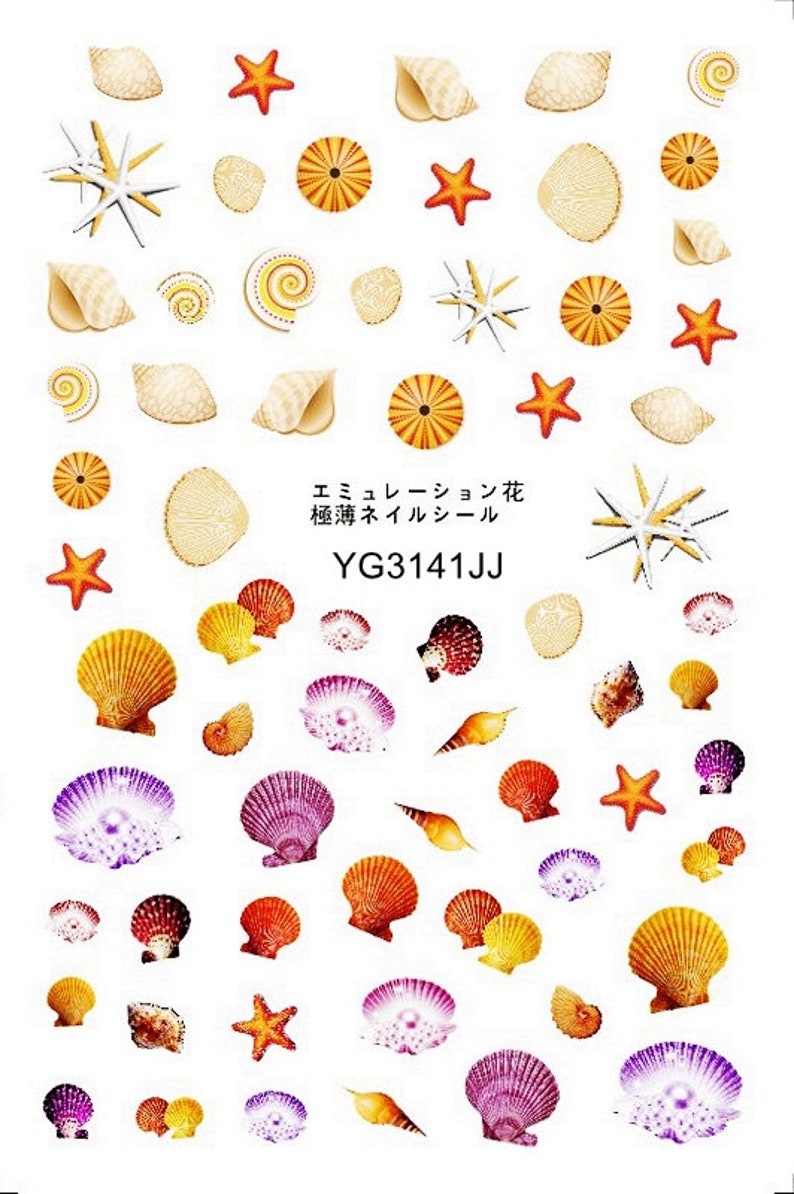 May include: A sheet of colorful seashell and starfish nail stickers. The stickers are in various shades of orange, yellow, purple, and red. The text on the sheet reads "エミュレーション花  装飾ネイルシール  YG3141JJ".