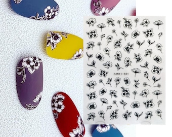 Black White Vintage Floral Nail Art Stickers: Wildflower Bohemian Embroidery Flower Mandala Embroidered