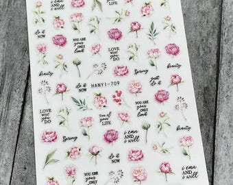 Peony Nail Art Stickers: Floral Camellia Begonias Garden Rose Carnation Green Leaves Lily Berry