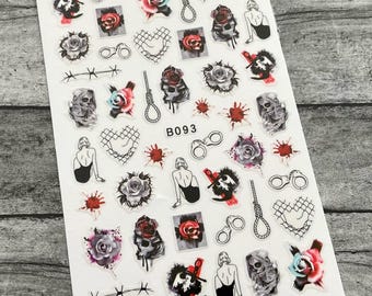 Halloween Gallows Hanging Rope Nail Art Stickers: Skull Axe Ghost Knife Grim Witch Eyeball