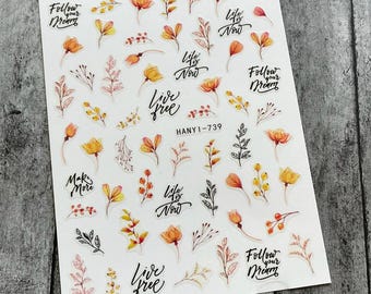 Orange Yellow Flower Berry Nail Art Stickers: Fall Pumpkin Dry Brown Leaves Birds Thanksgiving