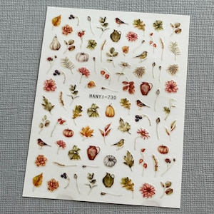 Höstlöv Pumpa Nagelkonst Stickers: Dag Bruna Löv Röda Blommor Fåglar Glad Thanksgiving