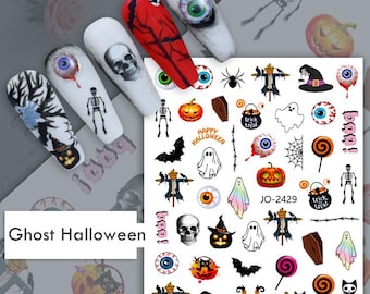 Halloween Nail Art Stickers: Scarecrow Eyeball Ghost Pumpkin Bat Cross Spider Web Flying Witch