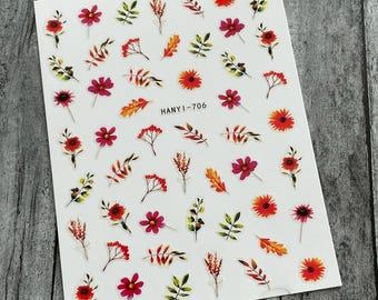Red Daisy Hibiscus Nail Art Stickers: Floral Carnation Peony Lily  Yellow Dry Leaves Berry