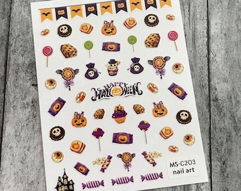 Candy Cookies Halloween Nail Art Stickers: Jack-o-lantern Pumpkins Monster Ghost Scream Face Grim Reaper