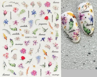 Summer Floral Nail Art Stickers: Rose Lily Tulip Carnations Hibiscus Poppy Bird Wildflower Bunch