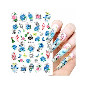 Blue Rose Graphic Nail Art Stickers Gift for Mother Day Valentine Red Rose Framed Flowers Pink Rose Self Adhesive Nail Art Decals CSeries