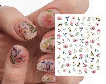 Hummingbird Nail Art Stickers: Christmas Bird Cardinal Robin Pink Flowers