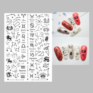 Znaki zodiaku 12 Naklejki na paznokcie ze znakiem zodiaku Konstelacja gwiazd Galaktyka Gwiazdy Złoto Srebro Czarny Biały Samoprzylepne naklejki na paznokcie Seria SSeries