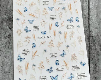 Wheat Plant Blue Butterfly Nail Art Stickers: White Cotton Flowers Floral Wheat Bunches