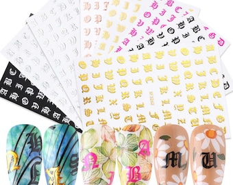 Letters English Nail Art Stickers: Gold Silver Alphabet Black White Rose Red Latin Roman