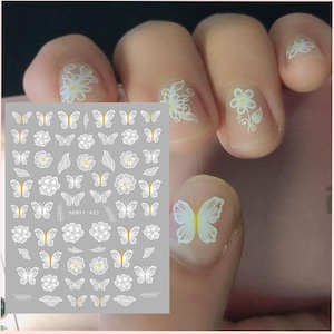 Daisy Flower Translucent Nail Art Stickers Decal Yellow Flower Core Floral Flowers Butterfly Self-Adhesive Nail Art Decals HANYISeries