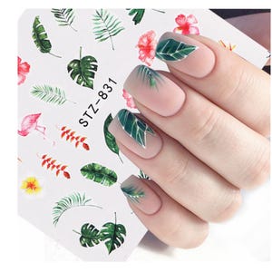 Green Tropical Leaves Pink Flamingo Nail Art Water Decals Palm Tree Leaf Yellow Hibiscus Flower Water Transfer Nail Art Decal STZSeries