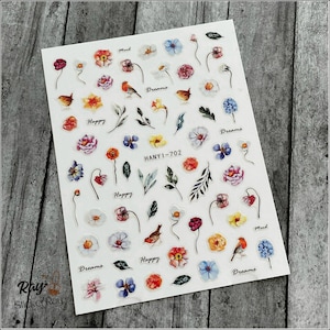 Papoula flor pássaros adesivos de arte de unhas lírio amarelo laranja floral azul folha verde unhas autoadesivas hanyiserie
