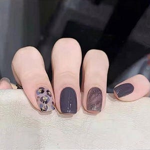 Leopard Dark Red Ombre Press On Nail Decals Mable Tortoise Shell  Short Natural Fake