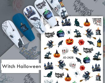 Flying Witch Halloween Nail Art Stickers: Moon Cross Spider Web Witch Candy Cat Ghost