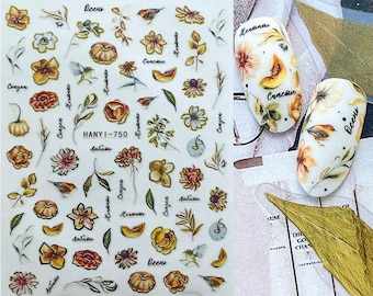 Orange Yellow Pumpkin Nail Art Stickers: Gold Outline Fall Flower Autumn Dry Brown Leaves