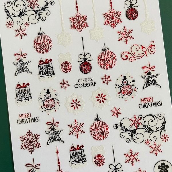 Laser Red White Santa Christmas Tree Ornaments Nail Stickers Decals Candy Cane Snowflakes Reindeer Snowman Self Adhesive Nail CJSeries
