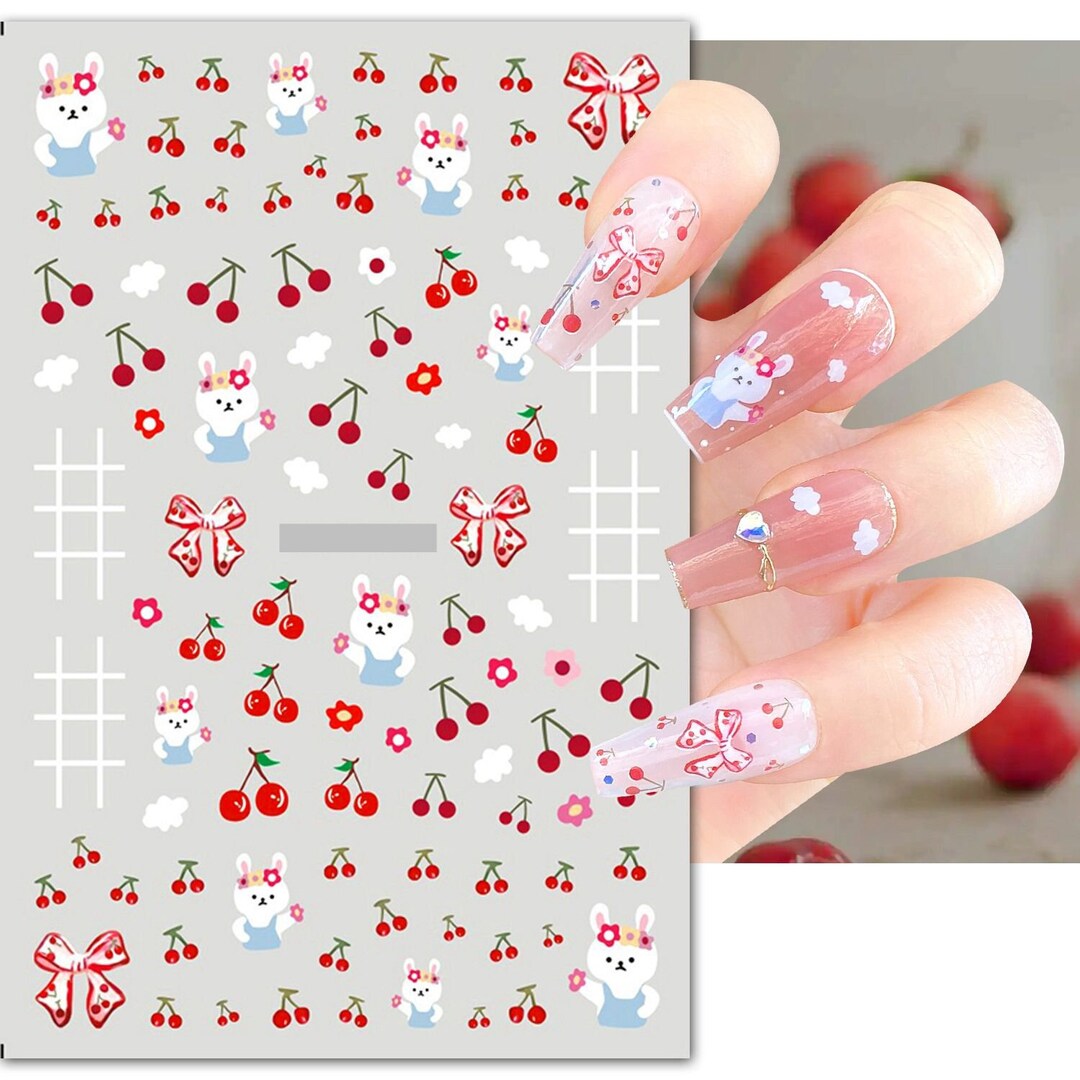 Cherry Bow Red White Nail Art Stickers Plaid Rabbit Bunny Bows Self