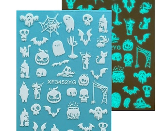 Luminous Skull Pumpkin Nail Art Stickers: Halloween Flying Witch Ghost Willow Castle Grim Reaper